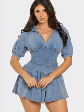 Bijou Blue Zip Front Corset Mini Dress Romper